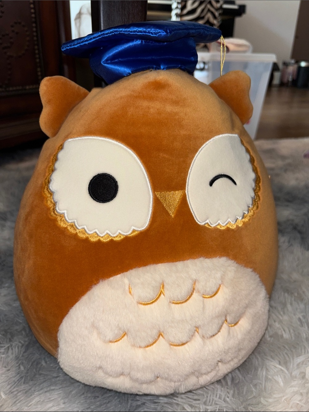 Swuishmallows Plush Owl Stuffed Animal in Golden Brown with Blue graduation Cap
